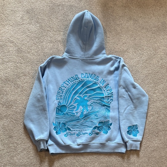 Pink Palm Puff Hoodie- Light Blue- size S - Picture 2 of 3